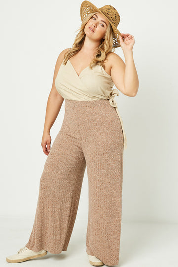 HJ3174 Mocha Womens Heathered Ribbed Wide Leg Knit Lounge Pants Full Body
